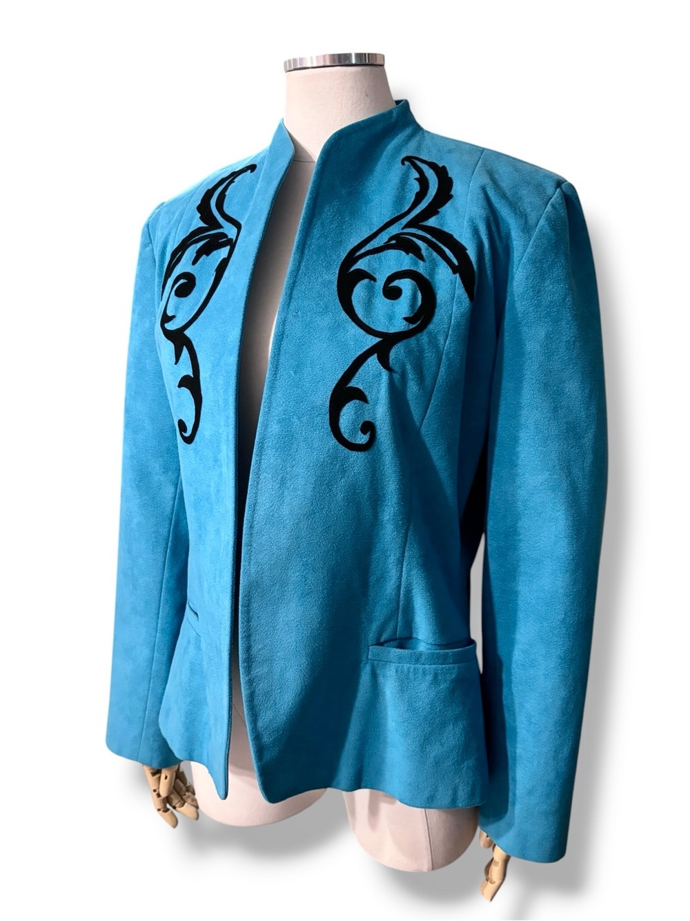 SAMUEL ROBERT PETER HATSI ANDROU Blue Ultrasuede Blazer Black Appliqué VINTAGE